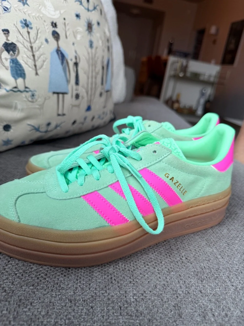 adidas Gazelle Women's Mint Green & Hot Pink Suede Sneakers - Picture 2 of 7